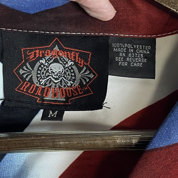 DRAGONFLY ROADHOUSE Mens Red Button Up Short Sleeve Shirt Size M Eagle USA Biker - Picture 6 of 9